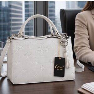Crossi New York White Embossed Floral Satchel Handbag with Tassel Charm NEW
